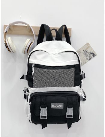Two Tone Buckle Decor Functional Backpack
