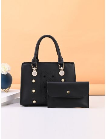 Studded Decor Top Handle Bag With Small Wallet
