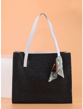Twilly Scarf Decor Crocodile Embossed Tote Bag