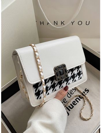 Houndstooth Graphic Flap Chain Square Bag