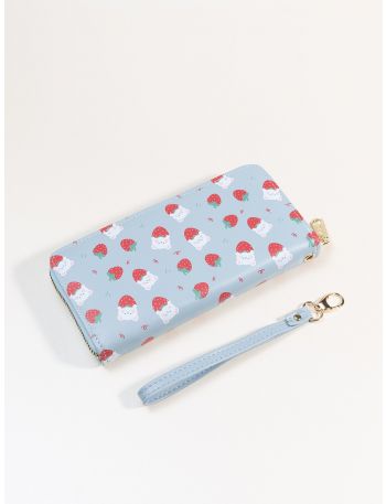 Strawberry Print Long Wallet With Wristlet