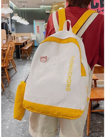 Letter Embroidery Colorblock Backpack With Pencil Case