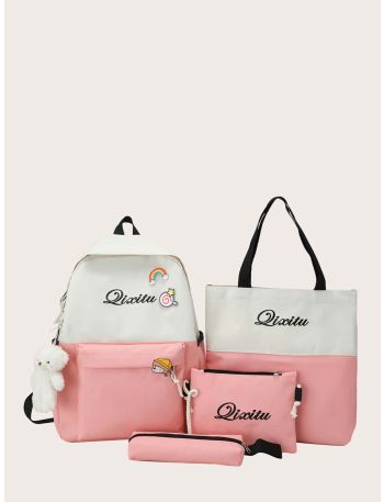 4pcs Two Tone Letter Graphic Backpack Set With Bag Charm