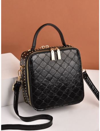Quilted Pattern Studded Decor Square Bag