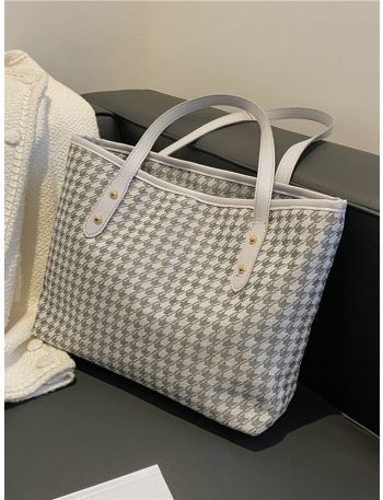 Houndstooth Pattern Contrast Binding Tote Bag