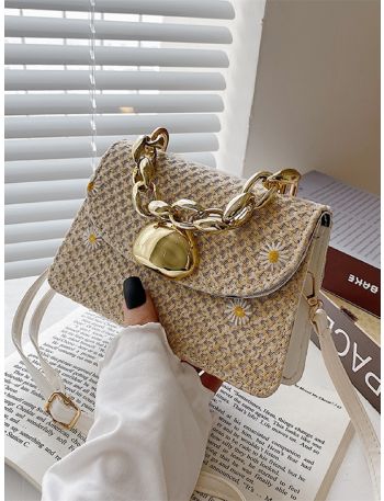Floral Pattern Chain Straw Bag