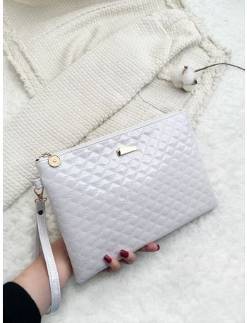 Holographic Quilted Detail Metal Decor Clutch Bag With Wristlet