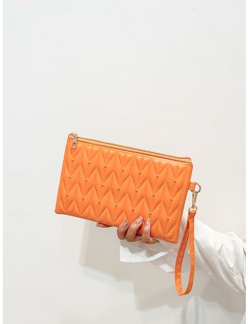 Quilted Pattern Studded Detail Clutch Bag
