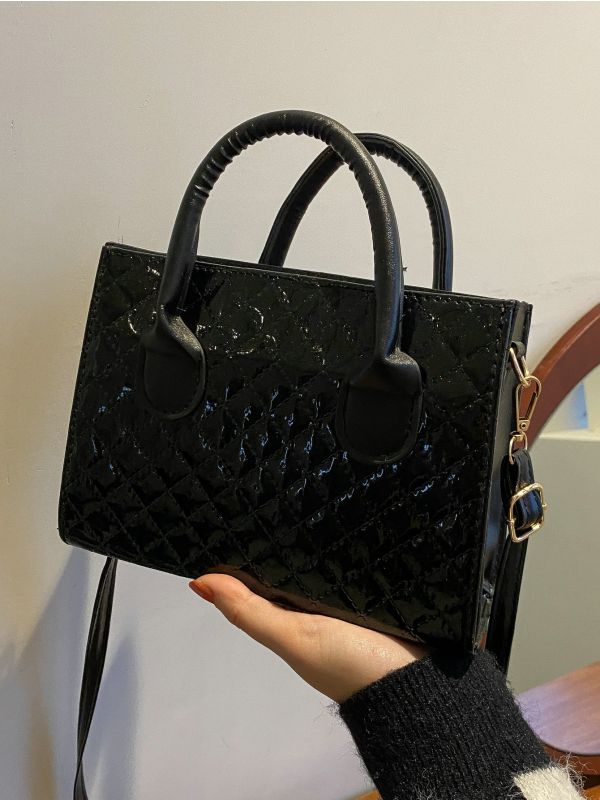 Artificial Patent Leather Quilted Square Bag