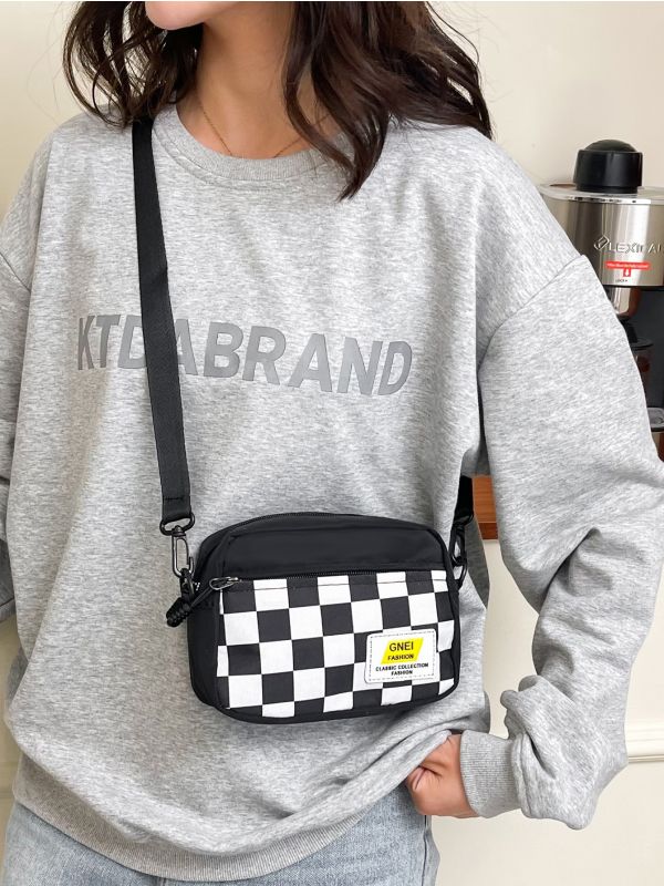 Checkered Graphic Letter Patch Square Bag