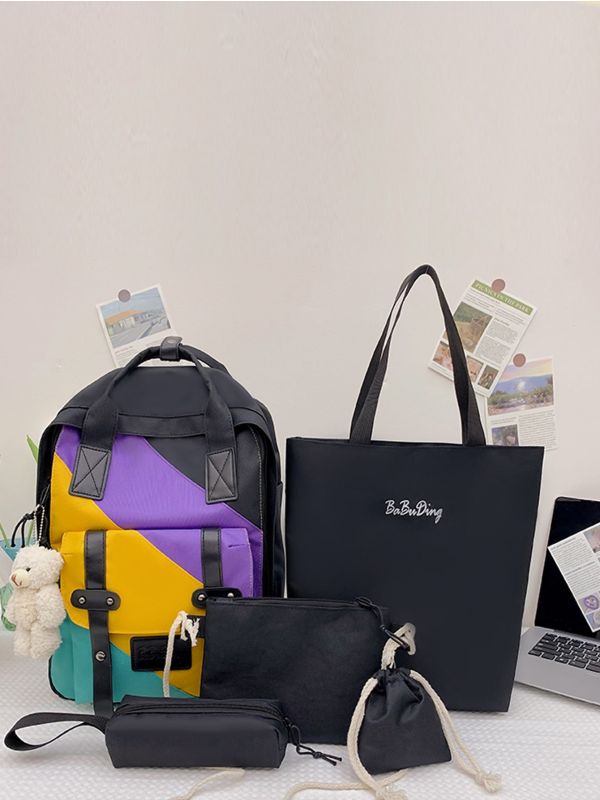 5pcs Colorblock Large Capacity Backpack Set With Cartoon Bag Charm