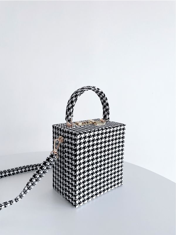 Houndstooth Pattern Top Handle Box Bag