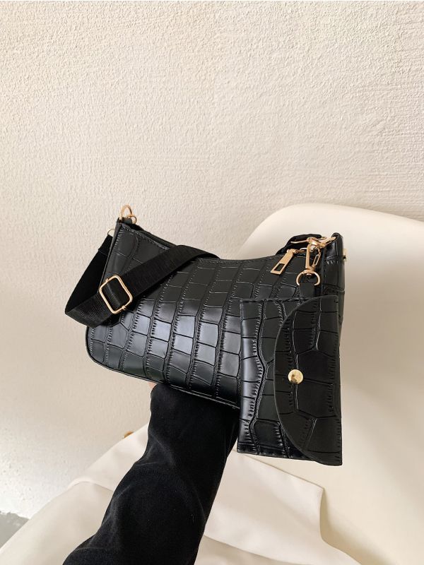 Crocodile Embossed Square Bag With Small Pouch
