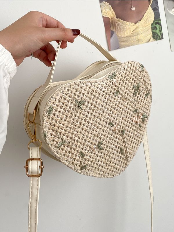 Leaf Embroidered Heart Design Novelty Bag