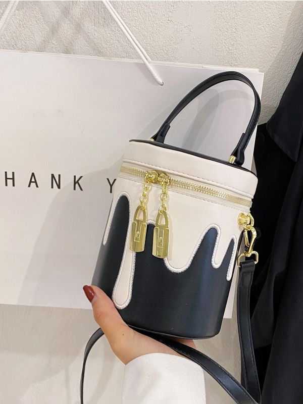 Two Tone Embroidered Detail Bucket Bag
