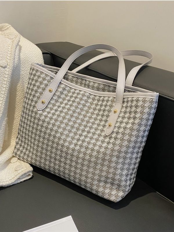 Houndstooth Pattern Contrast Binding Tote Bag