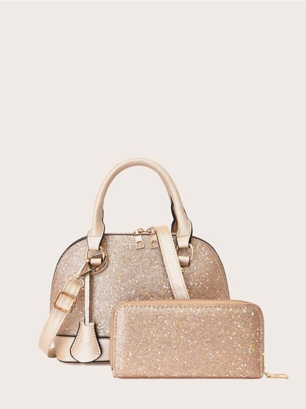 Glitter Dome Bag With Long Wallet