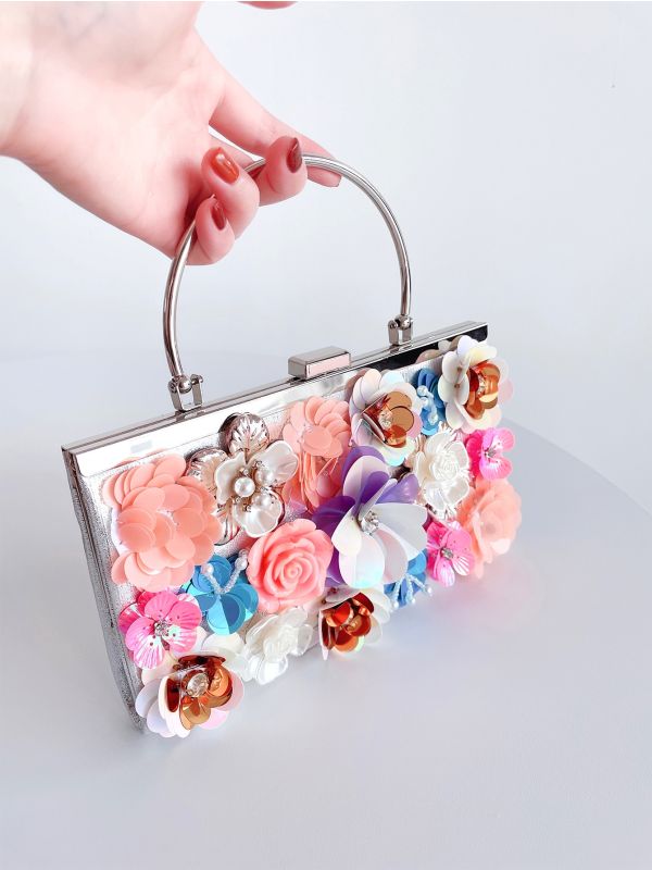 Flower & Faux Pearl Decor Clutch Bag