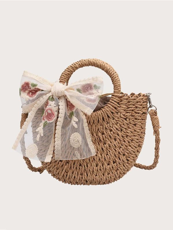 Floral Embroidery Bow Decor Straw Bag