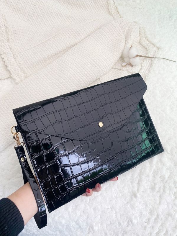 Artificial Patent Leather Crocodile Embossed Square Bag