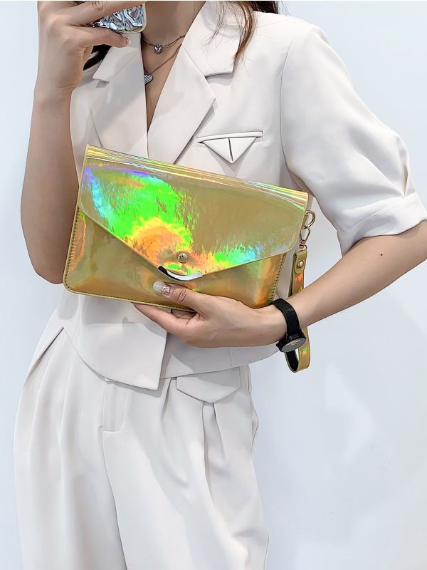 Holographic Flap Square Bag With Wristlet