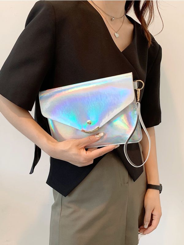 Holographic Flap Square Bag With Wristlet