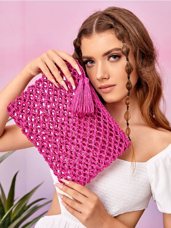Tassel Decor Hollow Out Straw Bag